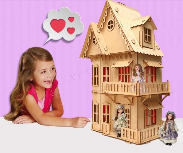 Деревянный кукольный домик с мебелью 3D 